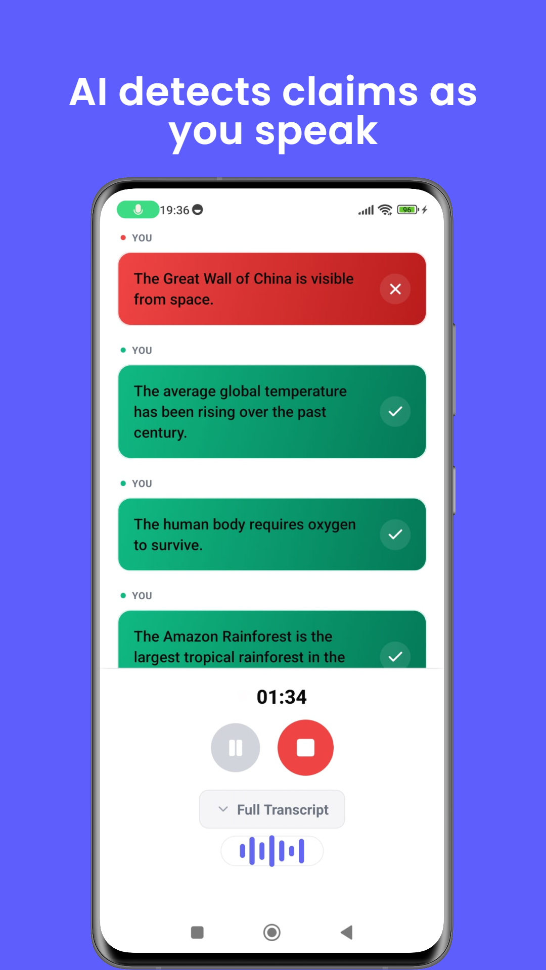 Live recording screen showing claims appearing in real-time as someone speaks